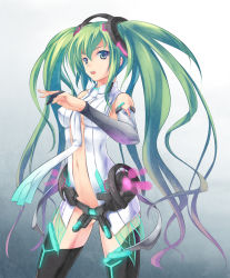 Rule 34 | 1girl, bad id, bad pixiv id, black thighhighs, breasts, cleavage, detached sleeves, green eyes, green hair, hair ornament, hatsune miku, hatsune miku (append), iroha (unyun), long hair, matching hair/eyes, medium breasts, navel, open mouth, solo, thighhighs, twintails, vocaloid, vocaloid append