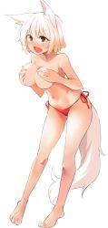 Rule 34 | 1girl, animal ears, barefoot, bikini, bikini bottom only, blush, breasts, collarbone, commentary request, covering privates, covering breasts, fang, full body, highres, inubashiri momiji, kamukamu (ars), large breasts, leaning forward, messy hair, navel, open mouth, red bikini, red eyes, shiny skin, short hair, side-tie bottom, silver hair, simple background, skindentation, solo, standing, sweatdrop, swimsuit, tail, thighs, topless, touhou, white background, wolf ears, wolf girl, wolf tail