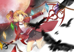 Rule 34 | 1girl, absurdres, alternate costume, armband, artist name, ascot, asymmetrical legwear, bird, blonde hair, brooch, dated, dress shirt, facing away, flandre scarlet, flying, full moon, highres, jacket, jewelry, kneehighs, laevatein, legs folded, long sleeves, minthusky, mismatched legwear, moon, motion blur, no headwear, no shoes, open clothes, open jacket, open mouth, outstretched hand, red eyes, red moon, sash, shirt, short hair, side ponytail, skirt, sky, socks, solo, star (sky), starry sky, thighhighs, touhou, white socks