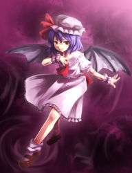 Rule 34 | 1girl, aisora, bad id, bad pixiv id, bat wings, dress, female focus, full body, gradient background, hat, highres, mary janes, purple hair, red eyes, remilia scarlet, shoes, short hair, socks, solo, touhou, wings, wrist cuffs