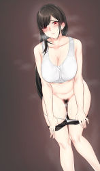 Rule 34 | 1girl, bare shoulders, black hair, black shorts, blush, breasts, closed mouth, clothes pull, collarbone, earrings, female pubic hair, final fantasy, final fantasy vii, final fantasy vii remake, highres, jewelry, jjanda, large breasts, leaning forward, long hair, looking at viewer, navel, panties, panty pull, pubic hair, red eyes, short shorts, shorts, shorts pull, steaming body, swept bangs, tank top, thighs, tifa lockhart, underwear, undressing, white panties, white tank top