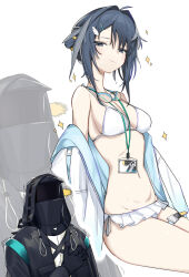 Rule 34 | 1girl, 1other, ahoge, arknights, bikini, black eyes, black hair, breasts, clutching chest, commentary, doctor (arknights), feather hair ornament, feathers, goggles, goggles around neck, groin, hair intakes, hair ornament, hairclip, highres, id card, jacket, la pluma (arknights), la pluma (summer flowers) (arknights), lanyard, light smile, looking at viewer, medium breasts, navel, open clothes, open jacket, short hair, signal 1120, simple background, sitting, sparkle, stomach, sweat, swimsuit, thigh strap, white background, white bikini, zoom layer