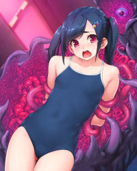 Rule 34 | 1girl, arms behind back, black hair, commentary request, competition school swimsuit, hair ornament, hairclip, highres, imminent rape, looking at viewer, monster, one-piece swimsuit, open mouth, original, purple eyes, restrained, scared, school swimsuit, solo, swimsuit, tears, tentacle pit, tentacles, twintails, wacchi, wide-eyed
