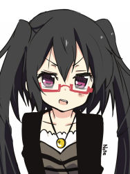 Rule 34 | 1girl, amano kouki, bespectacled, black hair, character name, flat chest, frown, glasses, long hair, looking at viewer, note-chan, open mouth, original, purple eyes, simple background, solo, twintails, white background