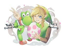 Rule 34 | 1boy, 1other, animal, blonde hair, dinosaur, egg, hat, highres, hug, kaeru (qingwali), link, long hair, looking at viewer, mario (series), nintendo, one eye closed, pointy ears, simple background, smile, super mario world, super smash bros., tail, the legend of zelda, the legend of zelda: link&#039;s awakening, tunic, v, yoshi, yoshi&#039;s crafted world
