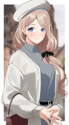 Rule 34 | 1girl, absurdres, alternate costume, belt, beret, black belt, black bow, blue eyes, bow, casual, coat, commentary, contemporary, dress, fire emblem, fire emblem: three houses, grey coat, grey dress, haerge, hair bow, hat, highres, light brown hair, long hair, looking at viewer, mercedes von martritz, nintendo, open clothes, open coat, own hands together, solo, upper body, white hat