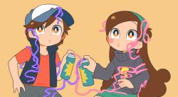 Rule 34 | 1boy, 1girl, baseball cap, blush stickers, brother and sister, brown eyes, brown hair, dipper pines, disney, gravity falls, hairband, hat, long hair, mabel pines, moyori, o3o, orange background, short hair, shorts, siblings, silly string, simple background, skirt, sweater, vest