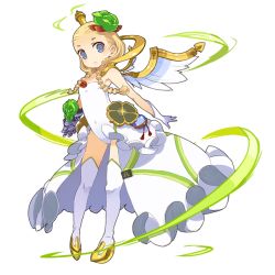 Rule 34 | 1girl, blonde hair, braid, bright pupils, child, covered navel, flower, full body, gloves, hair flower, hair ornament, hair slicked back, long hair, mota, parted lips, showgirl skirt, solo, thighhighs, transparent background, twin braids, white thighhighs, wings