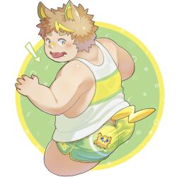 Rule 34 | 1boy, animal ears, animal on ass, arrow (symbol), ass, back, blush, brown hair, butt crack, clothing cutout, creatures (company), cropped legs, dog boy, dog ears, dog tail, fat, fat man, game freak, gen 5 pokemon, gen 8 pokemon, green eyes, highres, joltik, kemonomimi mode, looking back, male focus, multicolored hair, nintendo, open mouth, personification, pokemon, short hair, short shorts, shorts, solo, streaked hair, tail, tank top, thick arms, thick eyebrows, thick thighs, thighs, tongue, tongue out, white tank top, yamper, yunosuke