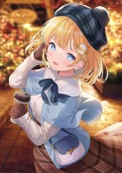 Rule 34 | 1girl, :d, artist name, bag, beret, blonde hair, blue capelet, blue eyes, blue jacket, blue ribbon, blurry, blurry background, blush, bob cut, breasts, brown gloves, brown skirt, capelet, coffee cup, coffee mug, collared jacket, commentary, cup, depth of field, disposable cup, english commentary, gloves, grey hat, hair ornament, hand up, hat, high-waist skirt, highres, hitsukuya, holding, holding cup, hololive, hololive english, jacket, long skirt, long sleeves, looking at viewer, medium breasts, mug, neck ribbon, open mouth, plaid, plaid headwear, plaid skirt, revision, ribbon, shirt, short hair, shoulder bag, signature, skirt, smile, solo, virtual youtuber, watson amelia, white shirt