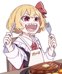 Rule 34 | 1girl, absurdres, apron, ascot, blonde hair, collared shirt, commentary request, crossed bangs, drooling, fangs, food, fork, frilled shirt collar, frills, hair ribbon, highres, holding, holding fork, holding knife, kame (kamepan44231), knife, long sleeves, mouth drool, one-hour drawing challenge, open mouth, red ascot, red eyes, ribbon, rumia, shirt, short hair, solo, steak, touhou, translation request, white apron, white shirt