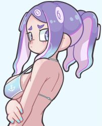 Rule 34 | 1girl, anchor symbol, bikini, blue hair, blue nails, breasts, closed mouth, gradient hair, halterneck, hekoningyou (waraningyou), looking at viewer, medium breasts, multicolored hair, nail polish, nintendo, octoling, octoling girl, octoling player character, ponytail, purple eyes, purple hair, sideboob, sidelocks, solo, splatoon (series), standing, swimsuit, white background