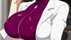 Rule 34 | 1girl, animated, animated gif, breasts, close-up, covered erect nipples, female focus, huge breasts, impossible clothes, lab coat, oikawa urada, screencap, seikon no qwaser, solo