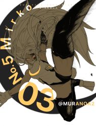 Rule 34 | 1girl, absurdres, amputee, animal ears, attack, bad id, bad pixiv id, bare arms, bare shoulders, blood, blood on face, boku no hero academia, character name, copyright name, crazy smile, crescent print, english text, floating hair, fur collar, gloves, graphite (medium), grin, highres, huge filesize, incoming attack, injury, leg up, leotard, long hair, looking at viewer, millipen (medium), mirko, missing limb, motion lines, muranoa, numbered, rabbit ears, rabbit girl, rabbit tail, red eyes, smile, solo, spoilers, spread legs, superhero costume, tail, taut clothes, taut leotard, teeth, thighhighs, traditional media, twitter username, v-shaped eyebrows, very long hair