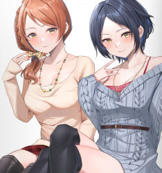 Rule 34 | 2girls, bare shoulders, black thighhighs, blue hair, blush, braid, breasts, brown hair, cleavage, closed mouth, collarbone, commentary request, crossed legs, hayami kanade, hojo karen, idolmaster, idolmaster cinderella girls, jewelry, large breasts, long sleeves, medium hair, multiple girls, nail polish, necklace, off shoulder, red nails, short hair, shougun (chuckni1), simple background, sitting, smile, thighhighs, thighs, white background