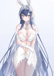 Rule 34 | 1girl, absurdres, alternate costume, animal ears, azur lane, blue eyes, blue hair, blush, breasts, breasts squeezed together, cleavage, closed mouth, commentary, cowboy shot, dress, earrings, elbow gloves, fake animal ears, gloves, gluteal fold, gradient background, grey background, hair between eyes, highres, holding own arm, jewelry, kirin3145, large breasts, long hair, looking at viewer, new jersey (azur lane), new jersey (snow-white ceremony) (azur lane), rabbit ears, revealing clothes, see-through, simple background, solo, standing, symbol-only commentary, thigh gap, thighs, veil, very long hair, white dress, white gloves