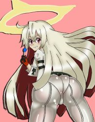 Rule 34 | 1girl, absurdres, ahoge, arc system works, artist request, ass, bent over, blush, bodysuit, breasts, candy, food, from behind, gloves, grin, guilty gear, guilty gear xrd, guilty gear xrd: revelator, halo, highres, jack-o&#039; valentine, lollipop, long hair, looking at viewer, looking back, multicolored hair, red eyes, red hair, shiny clothes, silver hair, smile, solo, very long hair