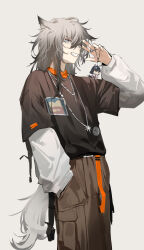 Rule 34 | 1girl, absurdres, animal ears, arknights, black shirt, brown pants, cameo, charm (object), cowboy shot, grey eyes, grey hair, grin, hand in pocket, hand up, highres, holding, jewelry, lappland (arknights), layered sleeves, long hair, long sleeves, looking at viewer, necklace, pants, senkane, shirt, short sleeves, simple background, smile, solo, t-shirt, tail, texas (arknights), white background, wolf ears, wolf girl, wolf tail