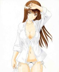 Rule 34 | 1girl, bow, bow panties, breasts, brown eyes, brown hair, character request, copyright request, cowboy shot, female focus, highres, long hair, no bra, panties, shirt, side-tie panties, simple background, solo, tayun (artist), unbuttoned, underwear, white background, white panties