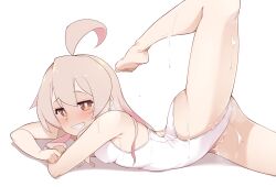 Rule 34 | 1girl, ahoge, barefoot, blush, commentary request, feet, flexible, foot out of frame, grin, highres, huge ahoge, legs, long hair, lying, nekono matatabi, on stomach, one-piece swimsuit, onii-chan wa oshimai!, oyama mahiro, smile, soles, solo, stretching, swimsuit, toes, wet, wet clothes, wet swimsuit, white one-piece swimsuit