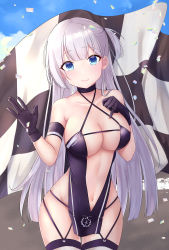 Rule 34 | 1girl, absurdres, alternate costume, armband, azur lane, bare shoulders, black gloves, blue eyes, blue sky, breasts, checkered flag, cleavage, cloud, collarbone, commentary request, confetti, cowboy shot, criss-cross halter, day, flag, gloves, halterneck, hand on own chest, highres, jyu-so, large breasts, logo, long hair, looking at viewer, mole, mole under eye, navel, one side up, petals, race queen, revealing clothes, revision, shoukaku (azur lane), shoukaku (sororal wings) (azur lane), sky, smile, solo, thighhighs, waving, white hair, white thighhighs