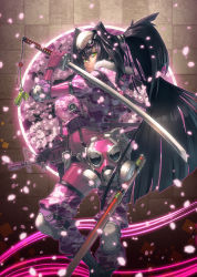 Rule 34 | 1girl, aro (charged time out), bad id, bad pixiv id, belt, black hair, camouflage, cherry blossoms, elbow pads, gas mask, gloves, green eyes, gun, katana, knee pads, long hair, mask, military, military uniform, original, petals, pink theme, ponytail, rifle, solo, sword, uniform, very long hair, weapon