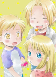 Rule 34 | 1girl, 2boys, :d, :o, aged down, alphonse elric, arms at sides, bandaid, bandaid on cheek, bandaid on face, blonde hair, blue eyes, candy, child, closed eyes, dress, edward elric, eyelashes, floral print, food, fullmetal alchemist, grey shirt, hand up, happy, holding, holding candy, holding food, holding lollipop, light blush, lollipop, looking at another, looking at viewer, looking back, multiple boys, open mouth, pink dress, raglan sleeves, red shirt, shirt, short hair, short sleeves, simple background, smile, star (symbol), starry background, sweets, swept bangs, tareme, uho (uhoponta), white shirt, winry rockbell, yellow background, yellow eyes