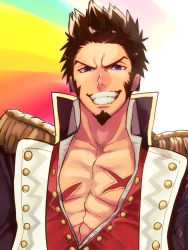 Rule 34 | 1boy, abs, bare pectorals, beard, blue eyes, brown hair, buttons, collared jacket, cross scar, epaulettes, eyebrows, facial hair, fate/grand order, fate (series), forehead, furrowed brow, gold trim, grin, high collar, highres, jacket, long sideburns, looking at viewer, male focus, military, military uniform, multicolored background, muscular, napoleon bonaparte (fate), open clothes, open jacket, pectoral cleavage, pectorals, portrait, scar, scar on chest, short hair, sideburns, simple background, smile, solo, spiked hair, tbm fate, teeth, uniform, v-shaped eyebrows