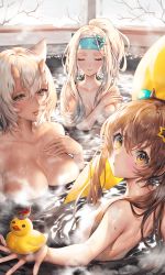 Rule 34 | 3girls, artist request, bathing, blush, breasts, brown hair, cleavage, closed eyes, collarbone, davi (destiny child), destiny child, hair between eyes, hair ornament, hand on own chest, headband, horns, large breasts, lisa (destiny child), long hair, looking at viewer, mona (destiny child), multiple girls, official art, onsen, parted lips, rubber duck, short hair, silver hair, steam, wet, yellow eyes