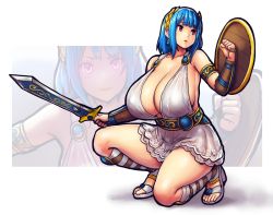 Rule 34 | belt, blue hair, blunt bangs, boots, breasts, cosplay, erkaz, fingerless gloves, gauntlets, gloves, half gloves, highres, huge breasts, midriff, multiple views, partially fingerless gloves, red eyes, rina atherina, shield, simple background, skirt, sophitia alexandra, sophitia alexandra (cosplay), soul calibur, soulcalibur, soulcalibur iv, squatting, sword, weapon, white background
