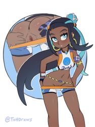 Rule 34 | 1girl, anus, armlet, artist name, ass, bare shoulders, bike shorts, bike shorts pull, bikini, black hair, blue eyes, blue gloves, blue hair, blush, breasts, cleft of venus, creatures (company), dark skin, ear piercing, earrings, female focus, from behind, game freak, gloves, gym leader, hair ornament, hairclip, hoop earrings, jewelry, long hair, looking to the side, looking up, multicolored hair, multiple views, navel, necklace, nessa (pokemon), nintendo, parted lips, piercing, pokemon, pokemon swsh, pussy, pussy peek, shiny skin, simple background, single glove, small breasts, spread pussy, standing, swimsuit, tankini, teeth, the other half, twitter username, two-tone hair, uncensored, very long hair, white background