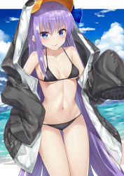 Rule 34 | 1girl, :q, animal costume, armpits, bare shoulders, bikini, black bikini, blue eyes, blue sky, blush, breasts, cloud, collarbone, day, fate/grand order, fate (series), groin, long hair, long sleeves, looking at viewer, medium breasts, meltryllis, meltryllis (fate), meltryllis (swimsuit lancer) (fate), meltryllis (swimsuit lancer) (first ascension) (fate), navel, penguin costume, purple hair, rong yi tan, sidelocks, sky, smile, solo, standing, stomach, swimsuit, thigh gap, tongue, tongue out, very long hair