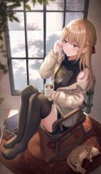 Rule 34 | 1girl, absurdres, ahoge, bad id, bad pixiv id, black thighhighs, blonde hair, blush, book, book stack, braid, brown jacket, cat, chair, closed mouth, coffee mug, commentary request, cup, green eyes, hair ribbon, hand up, highres, holding, huge filesize, indoors, jacket, long hair, long sleeves, looking at viewer, mug, no shoes, off shoulder, original, red ribbon, ribbon, sitting, sleeveless, sleeveless turtleneck, solo, steam, striped clothes, striped sweater, sweater, thighhighs, tokkyu, turtleneck, turtleneck sweater, window, wooden chair, zettai ryouiki