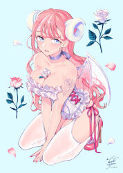 Rule 34 | 1girl, absurdres, aqua background, arm tattoo, arms between legs, bare arms, bare shoulders, between breasts, blue eyes, breasts, choker, cleavage, collarbone, corset, curled horns, demon horns, demon wings, flower, garter straps, high heels, highres, horns, kneeling, lingerie, long hair, looking at viewer, medium breasts, mole, mole under eye, neck ribbon, open mouth, original, panties, petals, pink footwear, pink hair, pink panties, ribbon, ribbon choker, rose, side-tie panties, signature, simple background, skindentation, solo, tattoo, thighhighs, underwear, uni (melm), v arms, very long hair, white thighhighs, wings