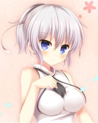 Rule 34 | 1girl, aibumi, bad id, bad pixiv id, bare arms, bare shoulders, blue eyes, blush, breasts, looking at viewer, medium breasts, mononobe no futo, paw pose, pen-zin, pink background, ponytail, shirt, silver hair, sleeveless, sleeveless shirt, solo, touhou, upper body
