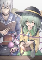 Rule 34 | 1boy, 1girl, :d, blush, book, closed mouth, cup, closed eyes, glasses, green hair, grey background, hair between eyes, hat, holding, holding book, komeiji koishi, long hair, meimei (gvsu2738), morichika rinnosuke, open book, open mouth, pouring, shirt, short hair, silver hair, simple background, smile, teapot, third eye, touhou, wide sleeves, yellow shirt
