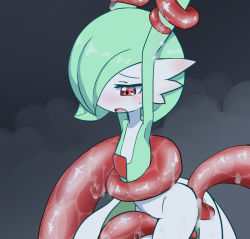 Rule 34 | 1girl, armpits, arms up, between legs, blush, bob cut, colored skin, constriction, cowboy shot, creatures (company), ear blush, embarrassed, female focus, flat chest, game freak, gardevoir, gen 3 pokemon, green hair, green skin, grey background, groin, hair over one eye, half-closed eyes, highres, leaning forward, looking down, multicolored skin, nintendo, nose blush, one eye covered, open mouth, pokemon, pokemon (creature), red eyes, restrained, rxq, short hair, simple background, solo, standing, sweat, tentacles, two-tone skin, white skin