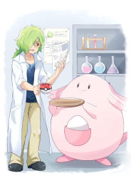 Rule 34 | bad id, bad pixiv id, blue eyes, chansey, coffee, coffee cup, creatures (company), cup, disposable cup, game freak, gen 1 pokemon, glasses, green hair, holding, holding paper, holding tray, lab coat, looking at another, medium hair, mei (maysroom), nintendo, orange-tinted eyewear, orange glasses, paper, poke ball print, poke ball theme, pokemon, pokemon (anime), pokemon (creature), pokemon the movie: the power of us, steam, test tube, tinted eyewear, toren (pokemon), tray