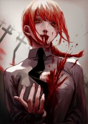 Rule 34 | 1girl, black necktie, blood, blood from mouth, blood on clothes, blood on face, blood on hands, braid, braided ponytail, breasts, chainsaw man, collared shirt, cross, fingernails, formal, highres, looking at viewer, makima (chainsaw man), medium breasts, momota ro5555, necktie, nosebleed, office lady, open mouth, red hair, ringed eyes, shirt, sidelocks, solo, tombstone, white shirt, yellow eyes