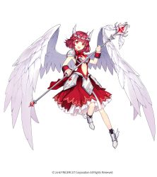 Rule 34 | 1girl, absurdres, angel girl, angel wings, character request, copyright request, dress, full body, highres, hwansang, official art, red dress, red eyes, red hair, short hair, solo, weapon, white background, wings