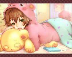 Rule 34 | 1boy, animal ears, bandaid, bed, blush, brown hair, child, door, emu (trigger), green eyes, handheld game console, hood, hoodie, lying, male focus, nintendo ds, on stomach, open mouth, original, pajamas, poster (object), short hair, solo, stuffed animal, stuffed toy
