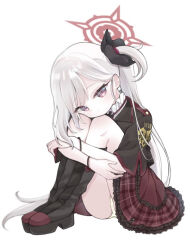 Rule 34 | 1girl, black flower, black footwear, black jacket, blue archive, boots, closed mouth, commentary request, flower, frilled skirt, frills, grey hair, hair flower, hair ornament, hugging own legs, jacket, long hair, looking at viewer, mutsuki (blue archive), ni kiro, one side up, panties, plaid, plaid skirt, red eyes, red skirt, shirt, short sleeves, skirt, solo, striped clothes, striped panties, underwear, very long hair, white shirt