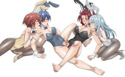 Rule 34 | 4girls, absurdres, akuma no riddle, animal ears, arm support, azuma tokaku, bare legs, bare shoulders, barefoot, blue eyes, blue hair, blush, bottomless, bow, bowtie, breasts, clitoris, clothed sex, collar, commission, eye contact, fake animal ears, hand on another&#039;s arm, highres, ichinose haru, kirigaya hitsugi, large breasts, leaning back, leenvidia, leotard, light blue hair, long hair, looking at another, medium breasts, medium hair, messy hair, multiple girls, namatame chitaru, open mouth, pantyhose, pink eyes, playboy bunny, pussy, pussy juice, rabbit ears, rabbit tail, red eyes, red hair, scar, shiny skin, shoes, sitting, small breasts, smile, spread legs, tail, teeth, tongue, tongue out, transparent background, tribadism, twintails, uncensored, wrist cuffs, yellow eyes, yuri