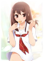 Rule 34 | 1girl, brown hair, candy, food, haga yui, hoshino yuumi, kimi kiss, lollipop, out-of-frame censoring, school uniform, serafuku, solo