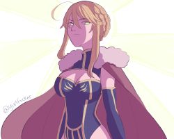 Rule 34 | 1girl, ahoge, artoria pendragon (fate), artoria pendragon (lancer) (fate), bad id, bad pixiv id, blonde hair, bodysuit, braid, breasts, cape, capelet, cleavage, expressionless, fate/grand order, fate (series), french braid, fur-trimmed capelet, fur trim, green eyes, hair between eyes, heattech leotard, henemimi, large breasts, looking at viewer, sidelocks, solo, turtleneck, twitter username