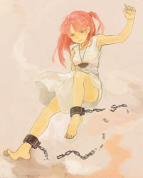 Rule 34 | 1girl, ankle cuffs, arm up, bad id, bad pixiv id, barefoot, broken, broken chain, chain, clenched hand, cuffs, dress, feet, full body, gold, jewelry, magi the labyrinth of magic, morgiana, necklace, oomori (atu-oomori11), red hair, shackles, simple background, solo, traditional media, white dress