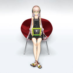 Rule 34 | aqua eyes, black dress, cable, chair, crossed legs, dress, feet, flower, glasses, headphones, high heels, highres, long hair, looking at viewer, megurine luka, nail polish, open shoes, pink hair, play button, redjuice, sandals, shoes, simple background, sitting, smile, solo, television, toes, very long hair, vocaloid, white background