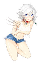 Rule 34 | 1girl, alternate costume, bad id, bad pixiv id, bare shoulders, blue eyes, braid, collar, colored eyelashes, crop top, cutoffs, denim, denim shorts, embarrassed, highres, izayoi sakuya, looking at viewer, midriff, navel, open fly, parted lips, pointing, pointing at viewer, saple, shiny skin, shirt, short hair, short shorts, shorts, silver hair, smile, solo, tied shirt, touhou, twin braids, unzipped, wavy mouth