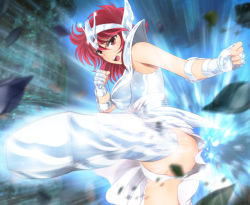 Rule 34 | 1girl, absurdres, armor, breasts, clenched hands, equuleus shoko, fighting stance, highres, legs, light, matching hair/eyes, open mouth, panties, pantyshot, red eyes, red hair, saint seiya, saint seiya saintia sho, serious, short hair, shoulder pads, sideboob, skirt, small breasts, solo, standing, thighs, tiara, underwear, upskirt, white skirt, yadokari genpachirou