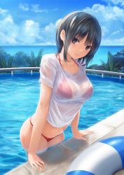 Rule 34 | 1girl, absurdres, aoyama sumika, bikini, bikini under clothes, black eyes, black hair, blue sky, breasts, closed mouth, cloud, cloudy sky, coffee-kizoku, collarbone, commentary request, day, halterneck, highres, innertube, light smile, looking at viewer, medium breasts, navel, no pants, ocean, original, outdoors, partially submerged, pool, poolside, red bikini, see-through, shiny skin, shirt, short hair, short sleeves, skindentation, sky, solo, string bikini, swim ring, swimsuit, t-shirt, thighs, water, water drop, wet, wet clothes, wet shirt, white shirt